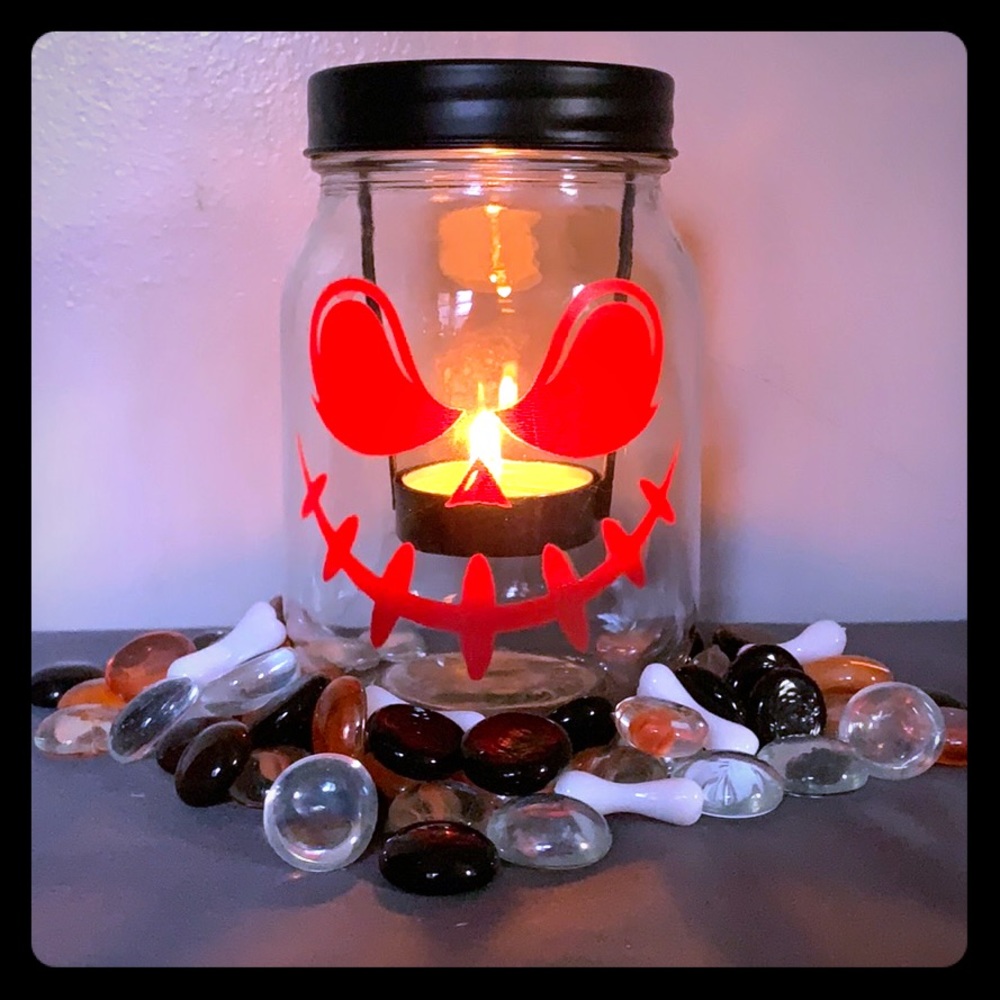 red Pumpkin Face Mason Jar Candle Holder